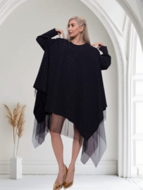 ITALIA Style oversized tuniek/jurk versierd met kleine steentjes/gevoerd met tule/ zwart /stretch