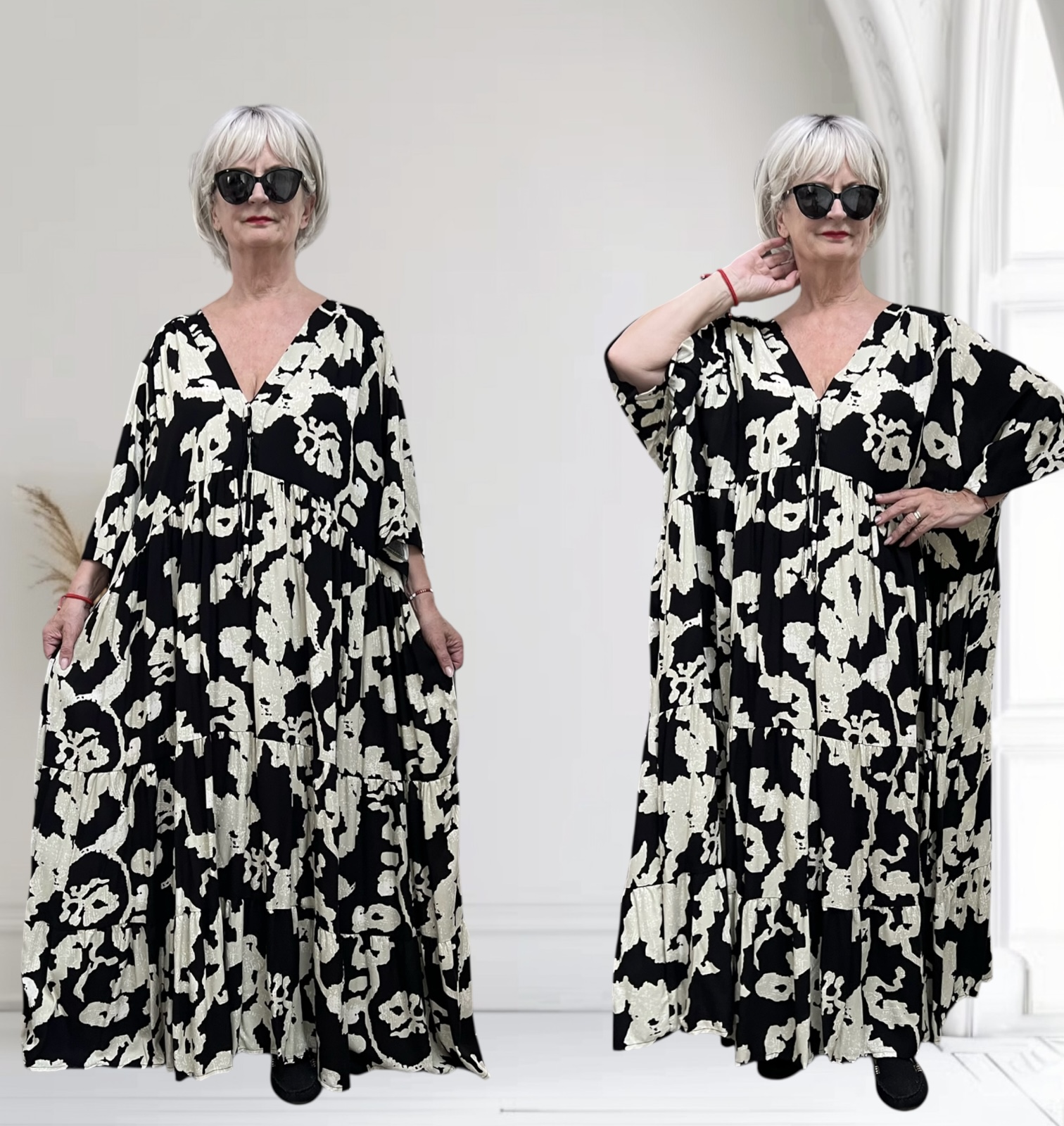 Vincenzo Allocca oversized viscose  BOHO A-lijn jurk apart zwart/ecru