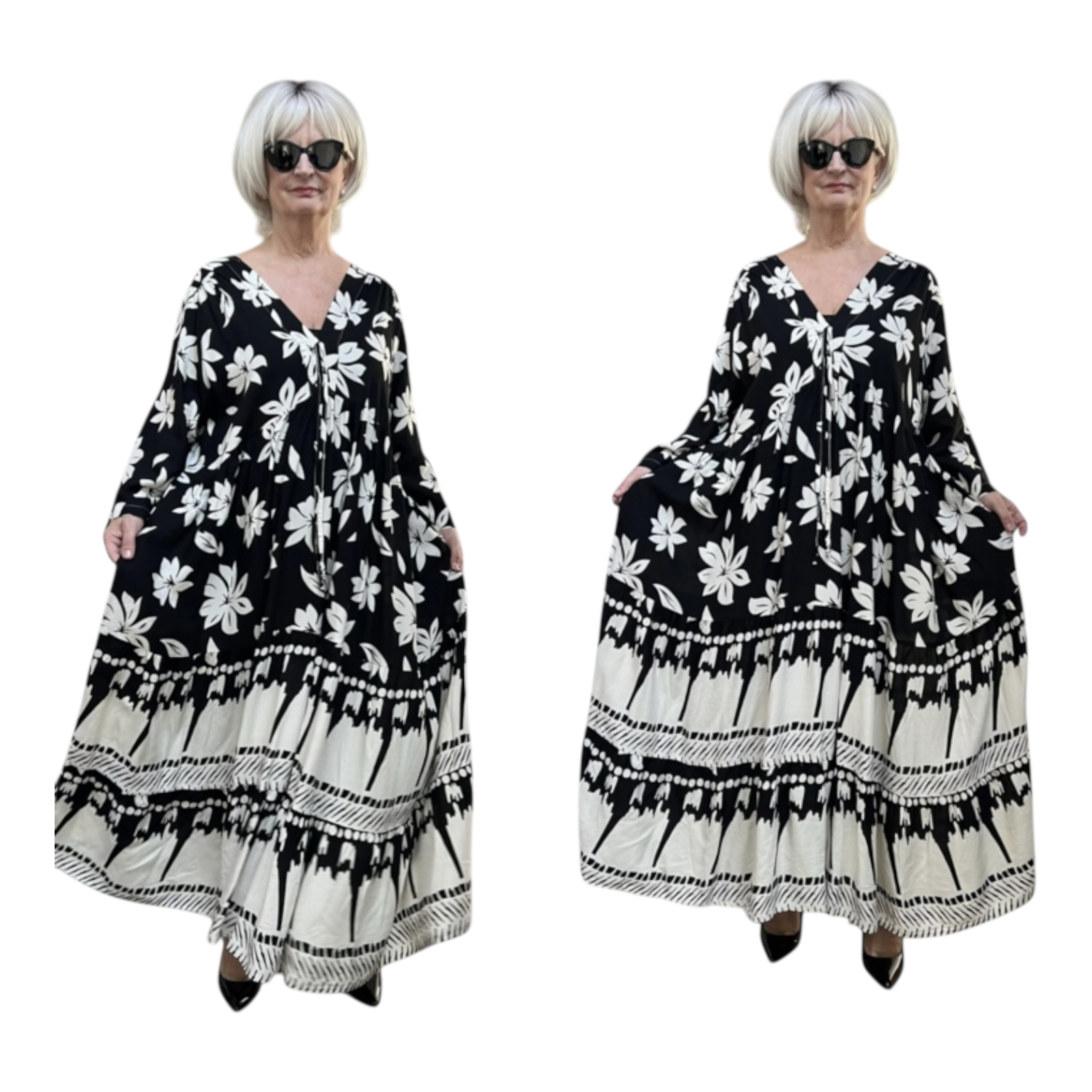 Vincenzo Allocca oversized viscose  BOHO A-lijn jurk apart zwart/wit