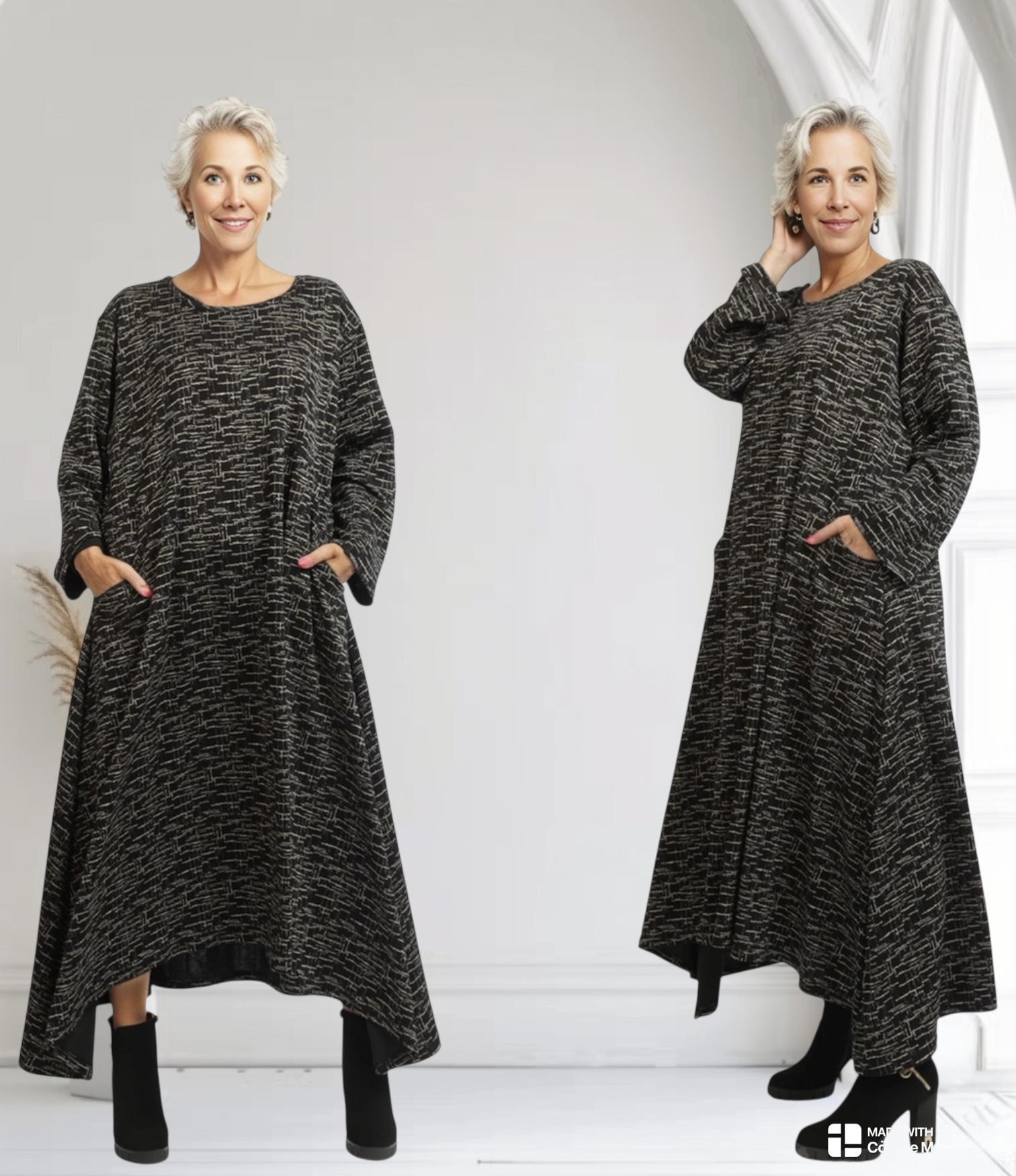 AKH oversized viscose mix A-lijn jurk apart stretch zwart/ecru