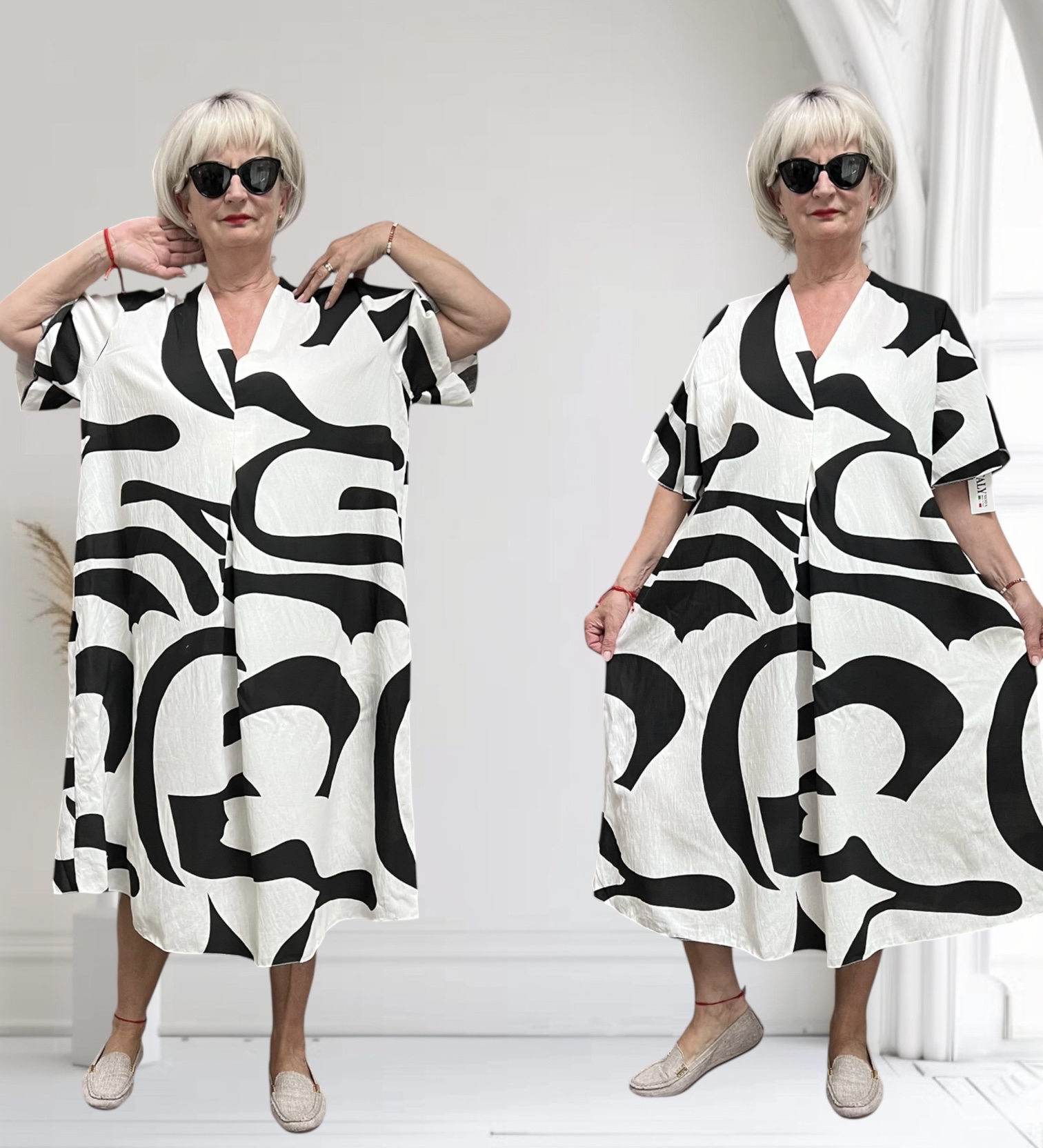 ITALIA MODA oversized visccose zomer jurk apart/ wit/zwart