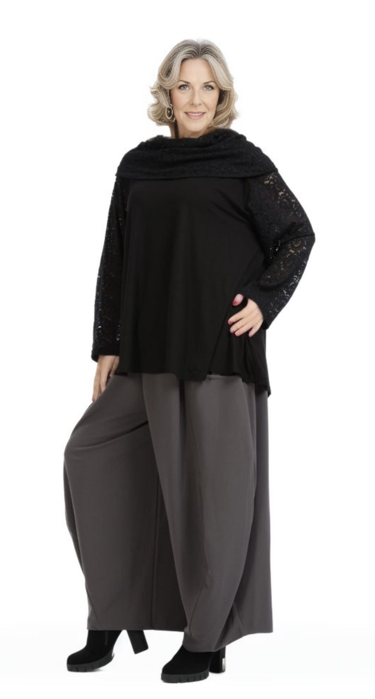 AKH oversized viscose jersey  A-lijn tuniek met col/apart/kant/ stretch zwart stretch