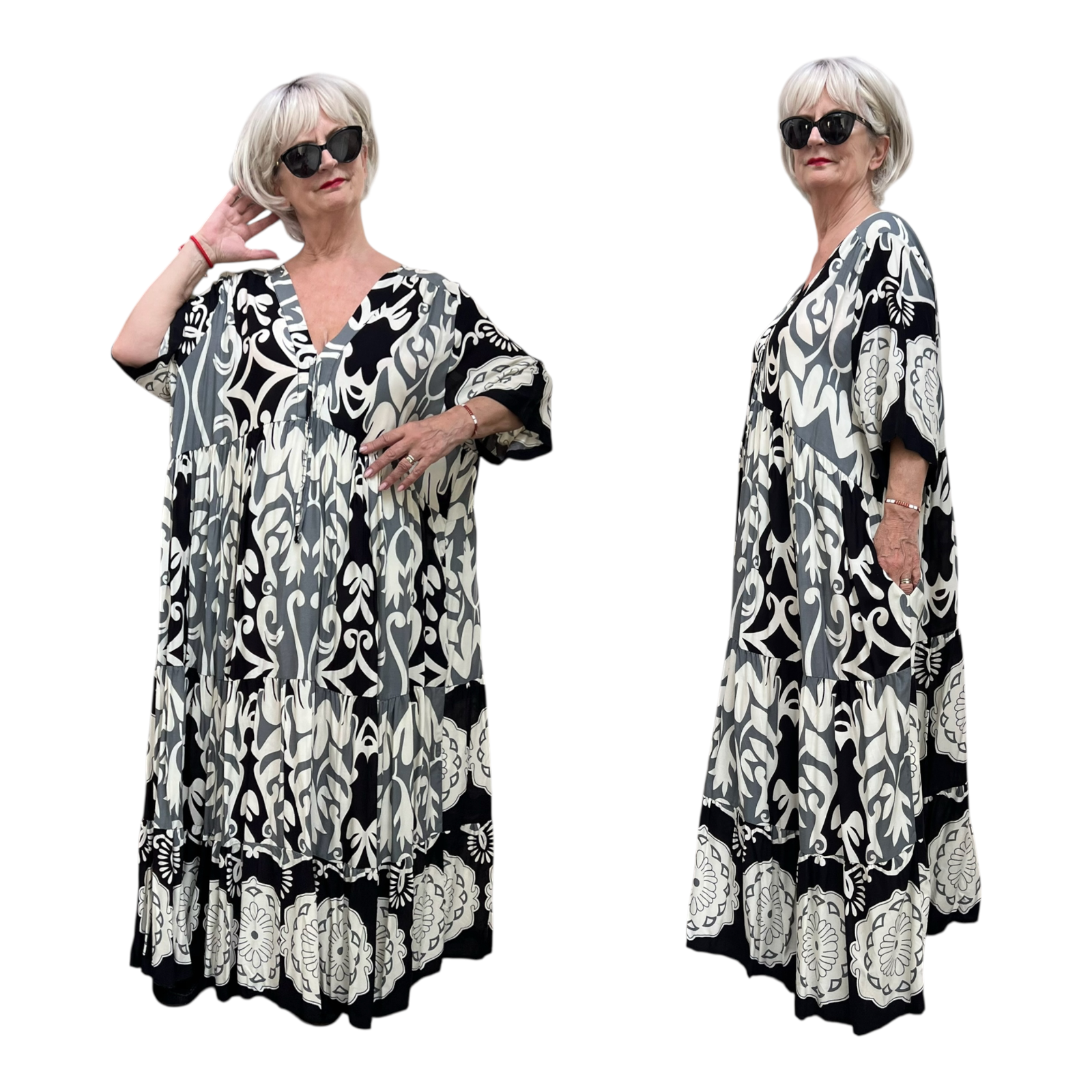Vincenzo Allocca oversized viscose  BOHO A-lijn jurk apart/zwart/wit/grijs