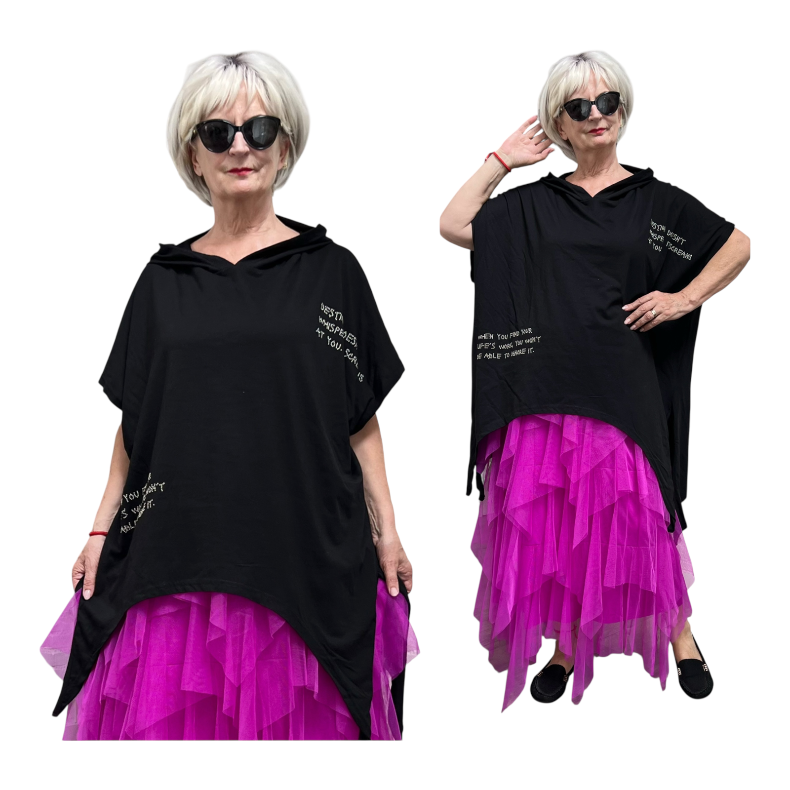 EU Queen design katoen oversized top met capuchon stretch zwart
