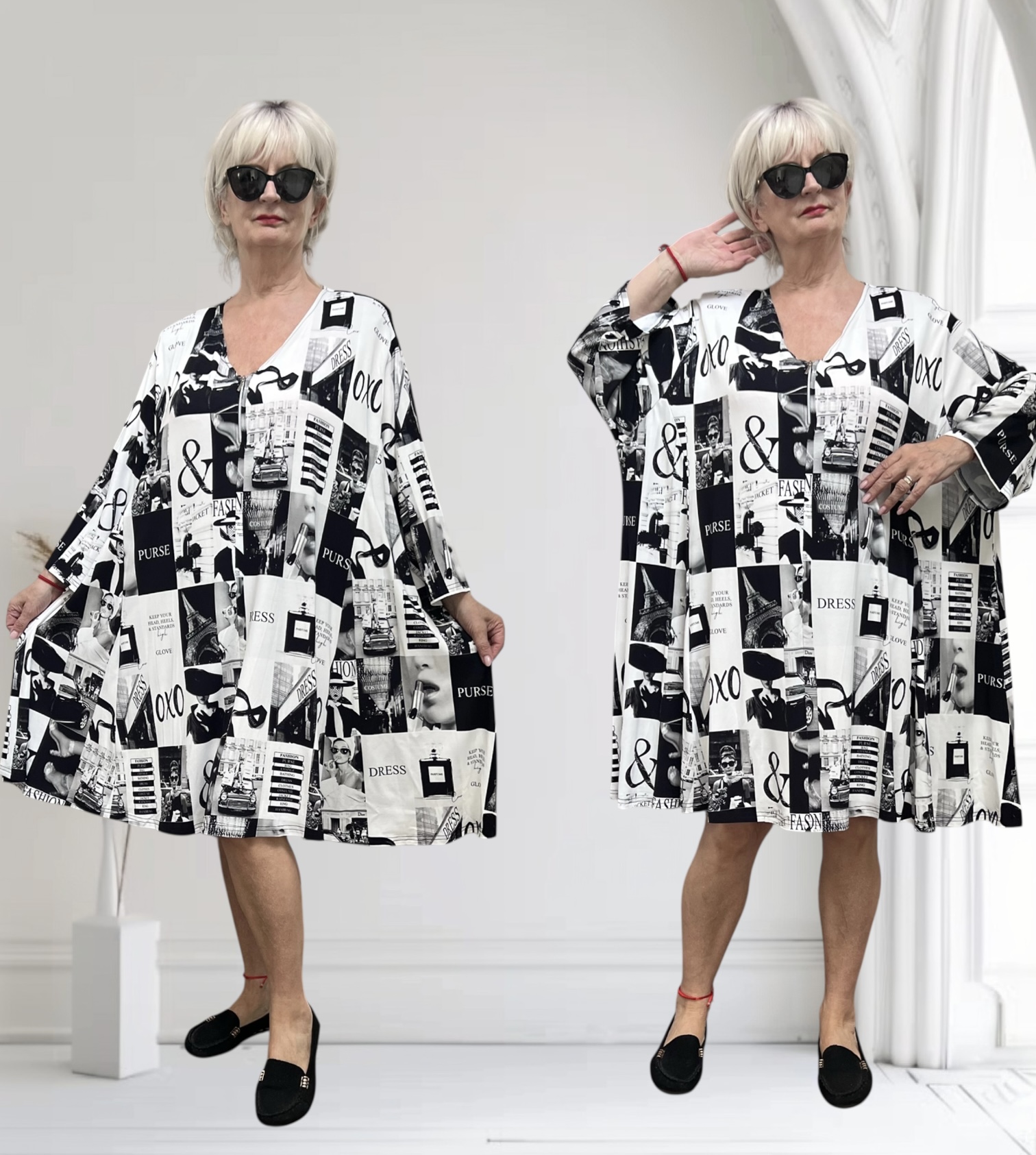 New Jersey oversized viscose A-lijn jurk/tuniek met korte rits / stretch zwart/wit