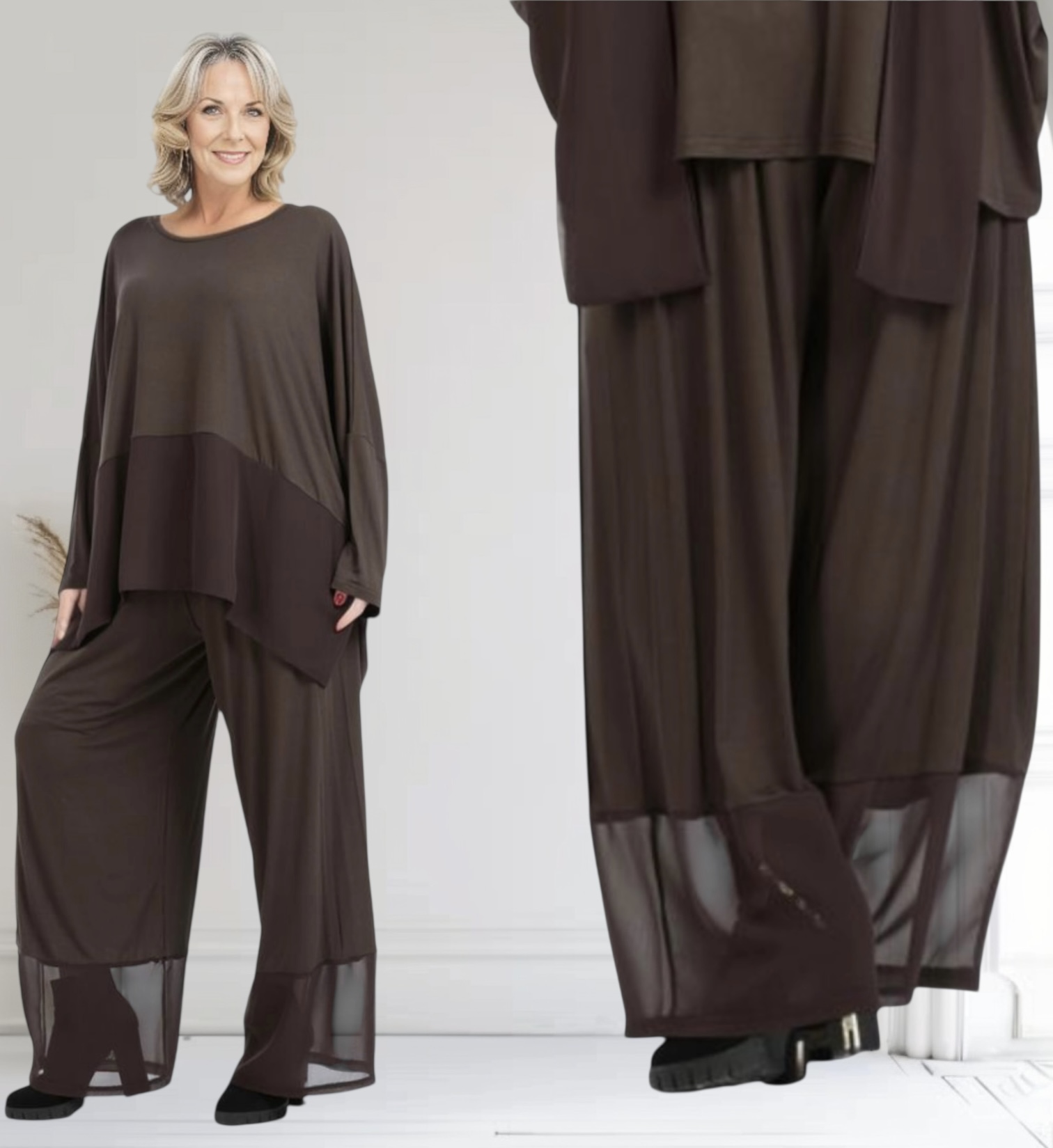 AKH viscose wijde broek met chiffon stof stretch 