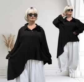 ITALIA oversized viscose mix blouse met broche stretch/zwart