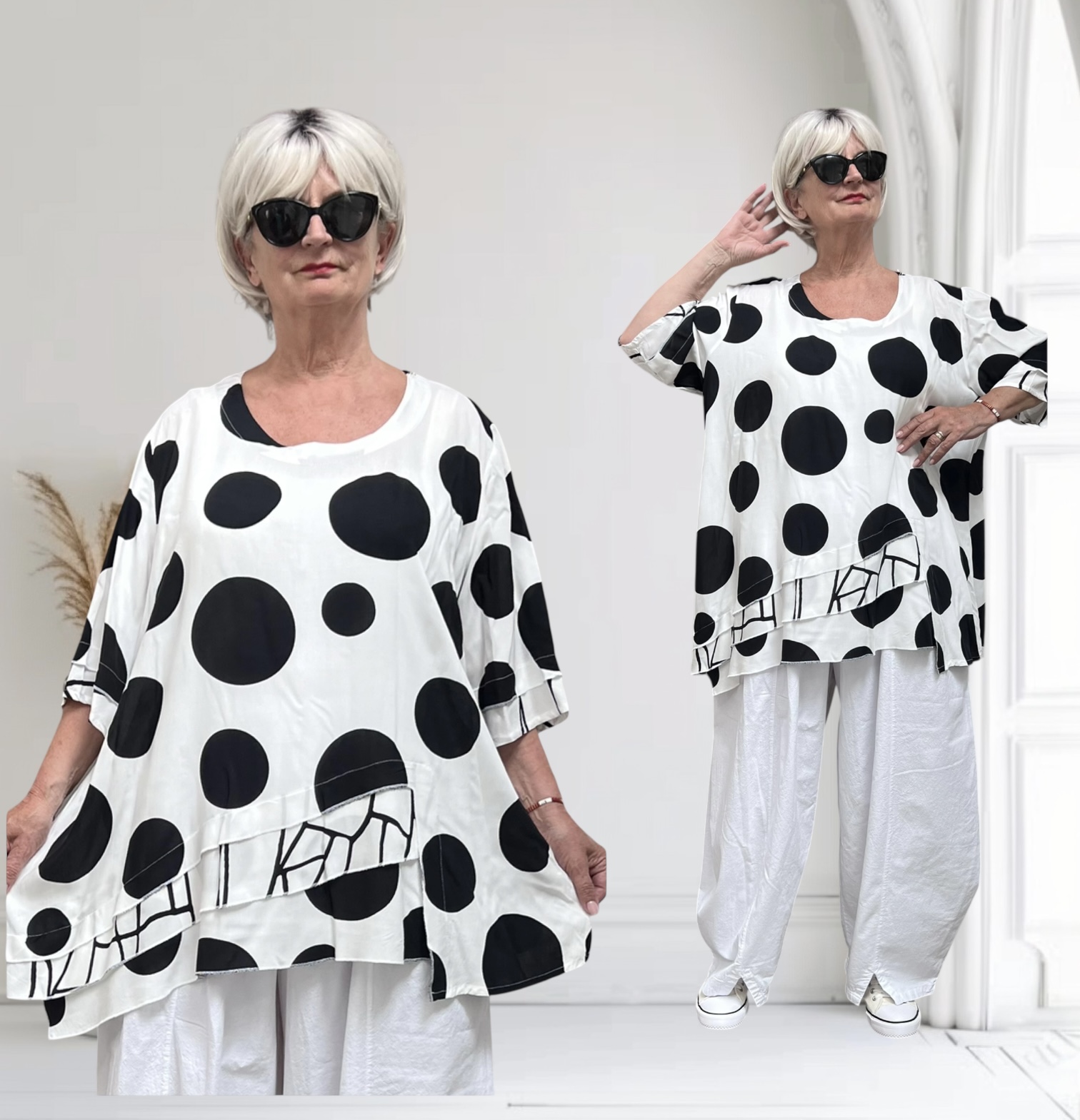 SINNE design.. A- lijn viscose tuniek wit/zwart