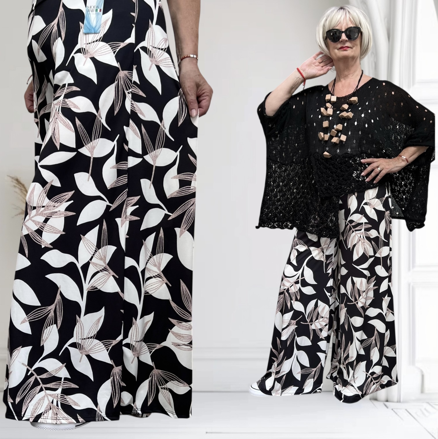 ITALY Mode jersey viscose  wijde broek apart /zeer rekbaar/zwart/wit