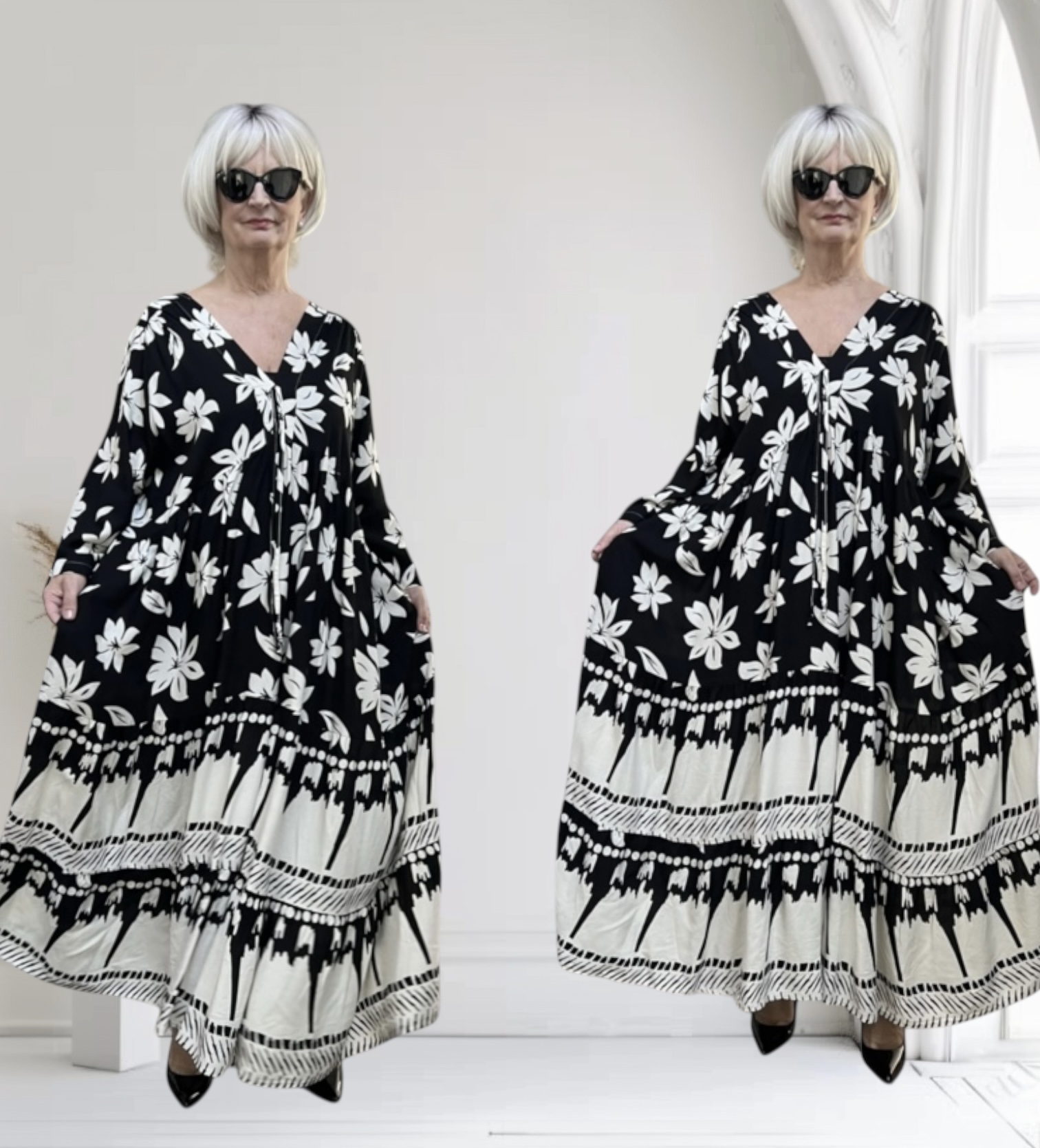 Vincenzo Allocca oversized viscose  BOHO A-lijn jurk apart zwart/wit