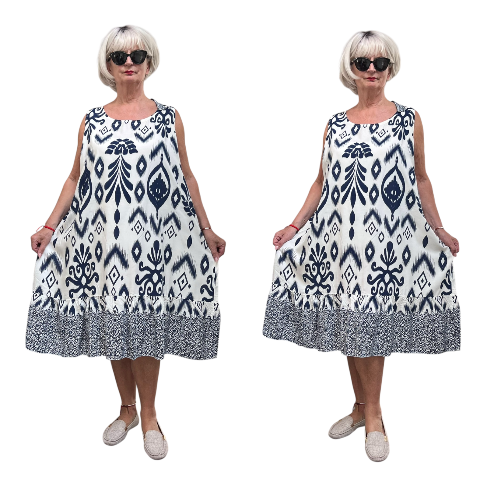 ITALIA viscose  A-lijn jurk/tuniek wit/blauw