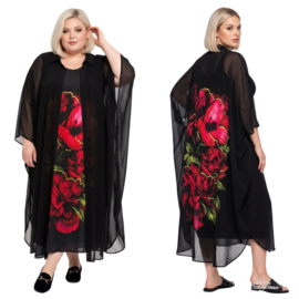SASHA DIVA oversized chiffon  A-lijn jurk + blazer  zwart met bloemen