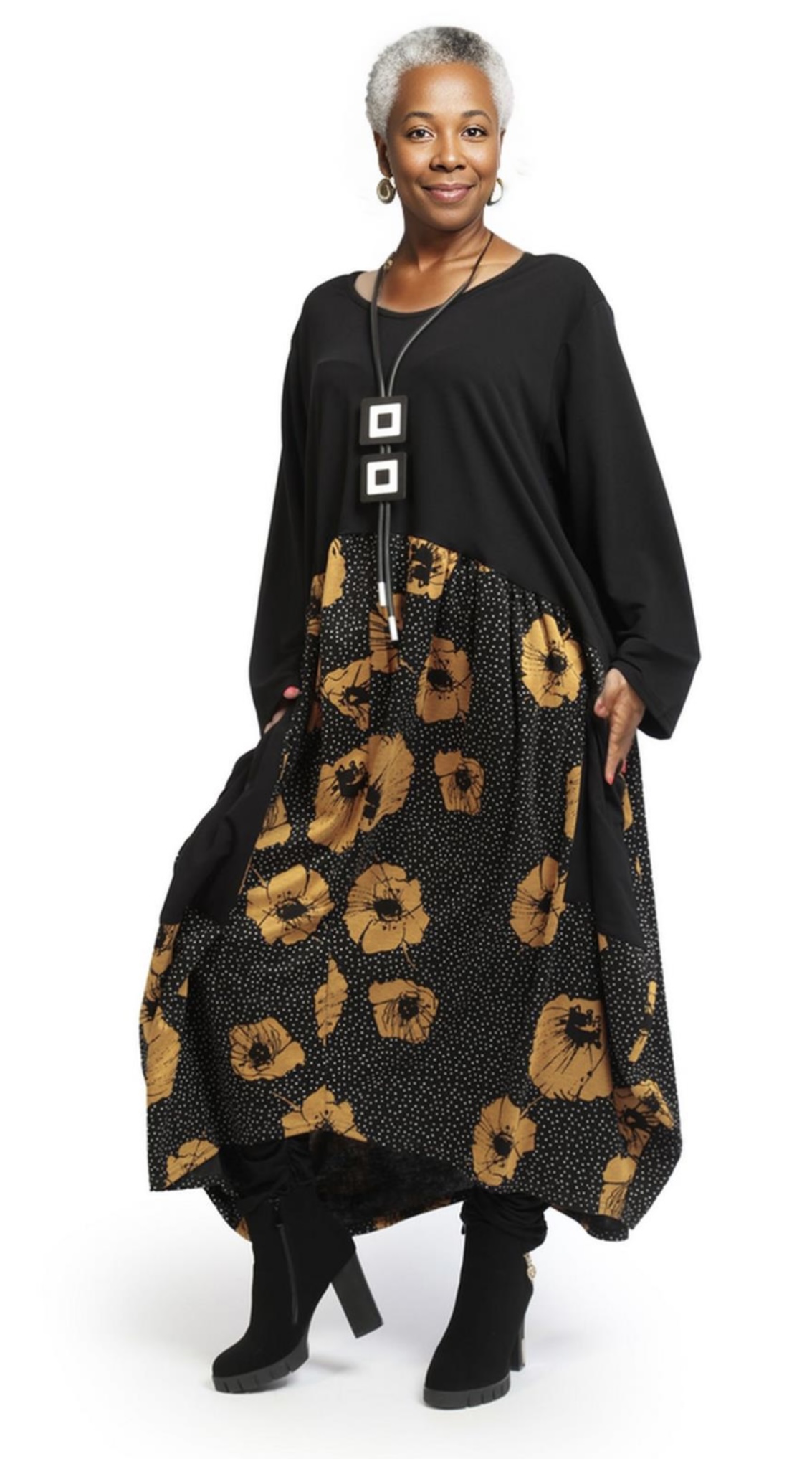 AKH oversized viscose mix tuniek apart stretch zwart/geel