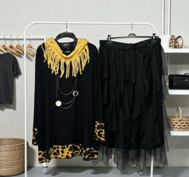 AKH oversized tricot viscose mix A-lijn tuniek apart stretch zwart/geel