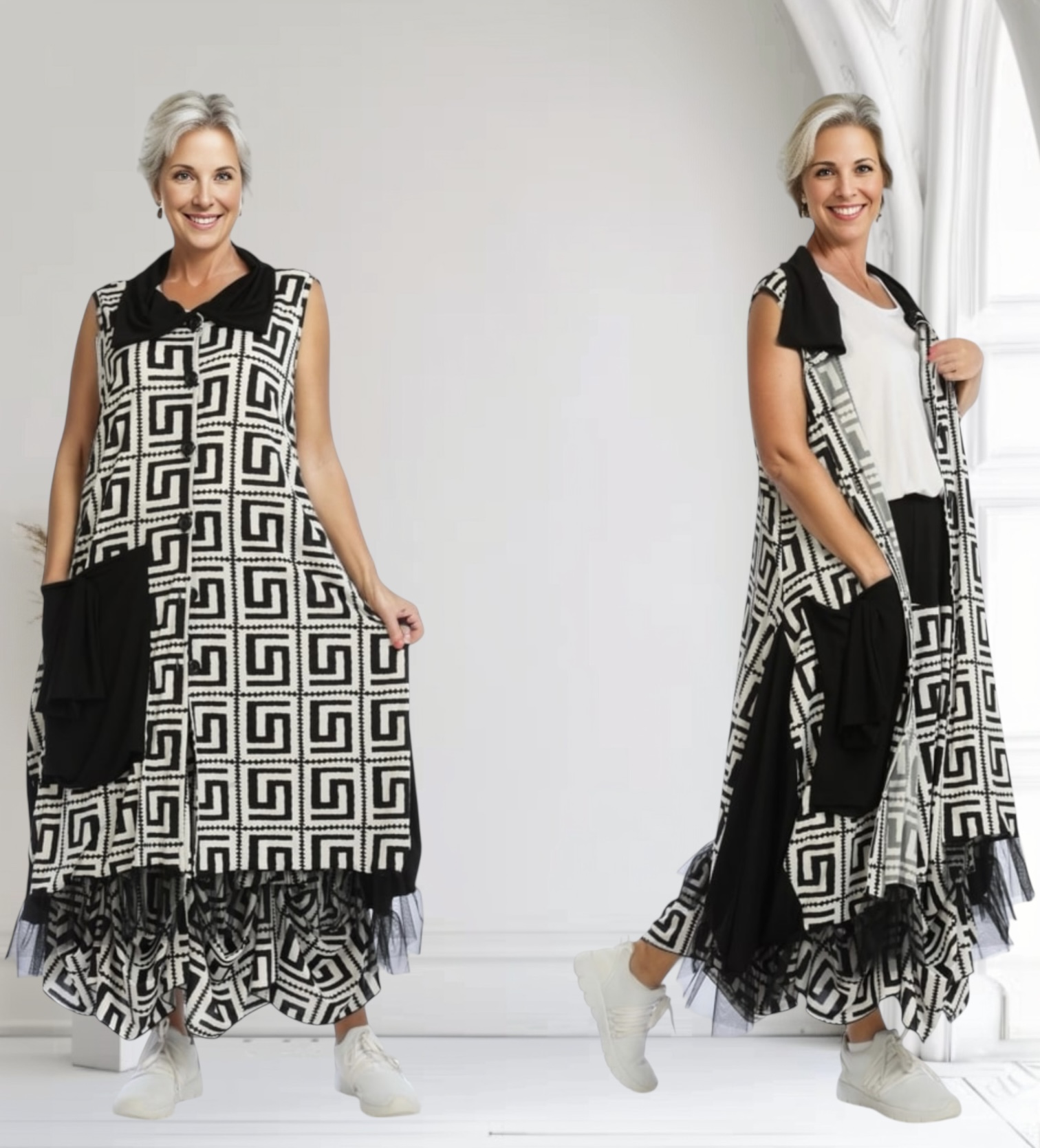 AKH viscose A-lijn jurk apart stretch/zwart/wit