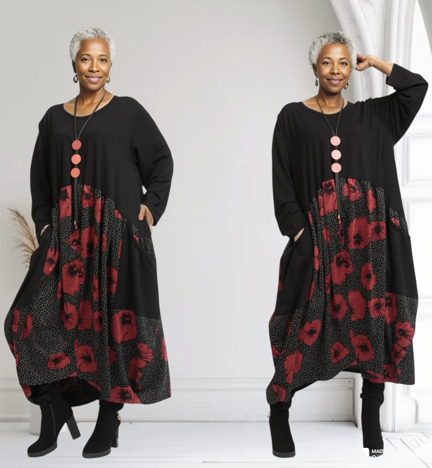 AKH oversized viscose mix A-lijn jurk apart stretch zwart/rood