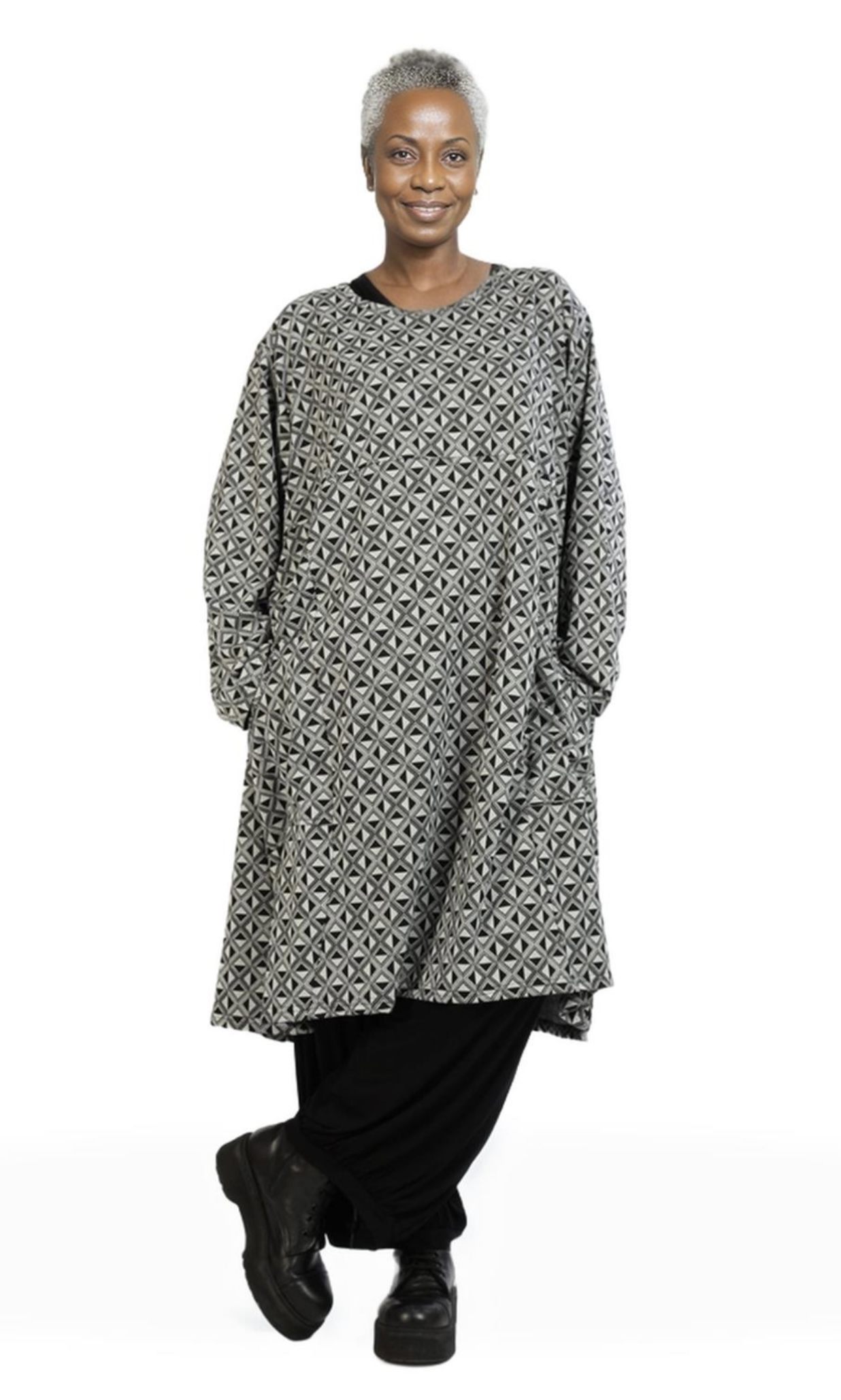AKH oversized viscose mix jurk/tuniek apart stretch zwart/grijs