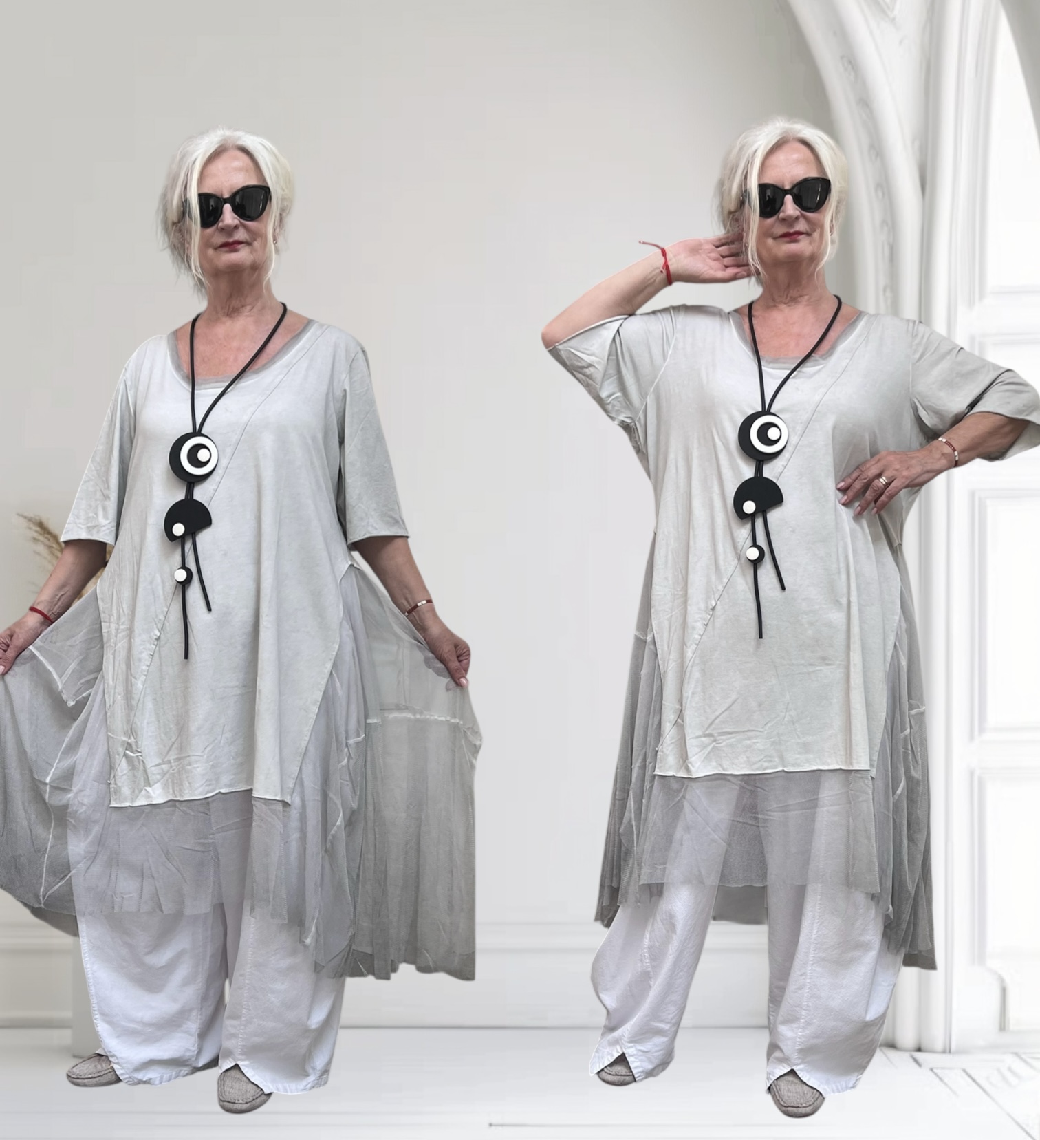 LUUKAA de modieuze kleuring oversized katoen  A-lijn jurk/tuniek met tule/ stretch