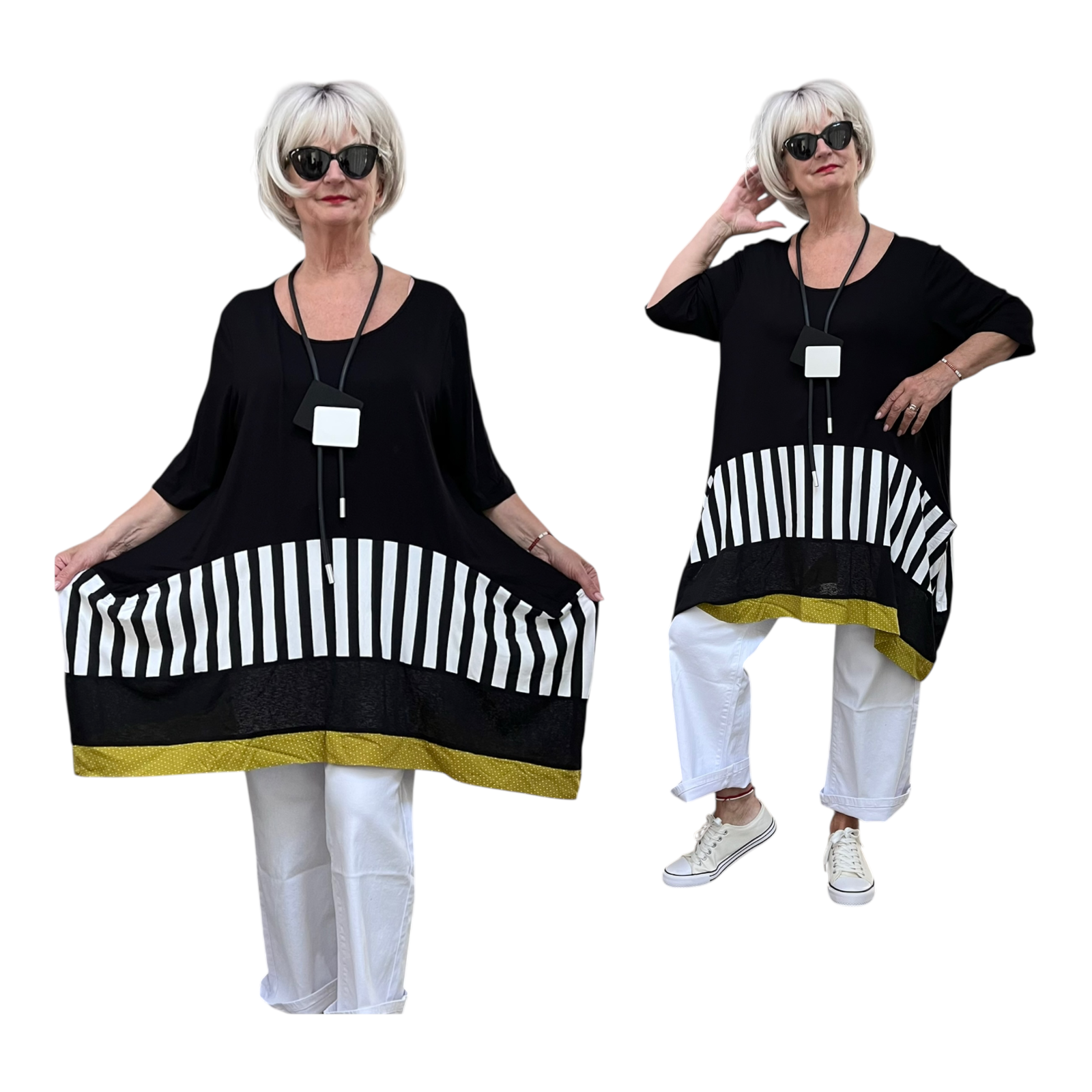 	 LUUKAA viscose A-lijn tuniek/stretch  zwart/wit/olijfgroen