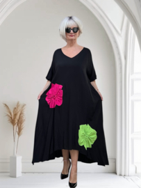 CN-G viscose A-lijn jurk met bloemen applicaties zwart