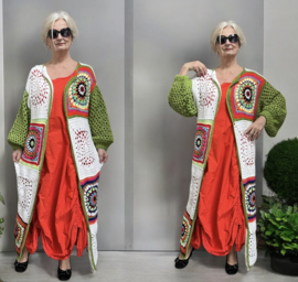 AGE oversized  acryl lotusbloemen patchwork lange vest, handgemaakt