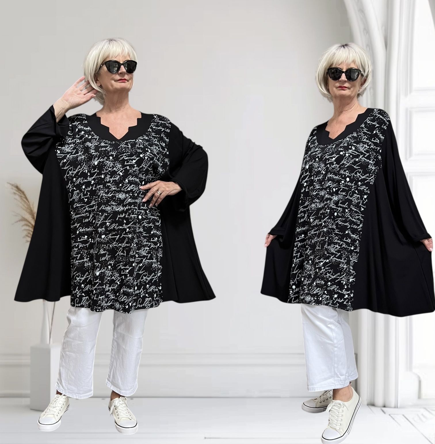 New Jersey oversized viscose A-lijn tuniek met aparte decolleté/extra wijd/ stretch/zwart/wit