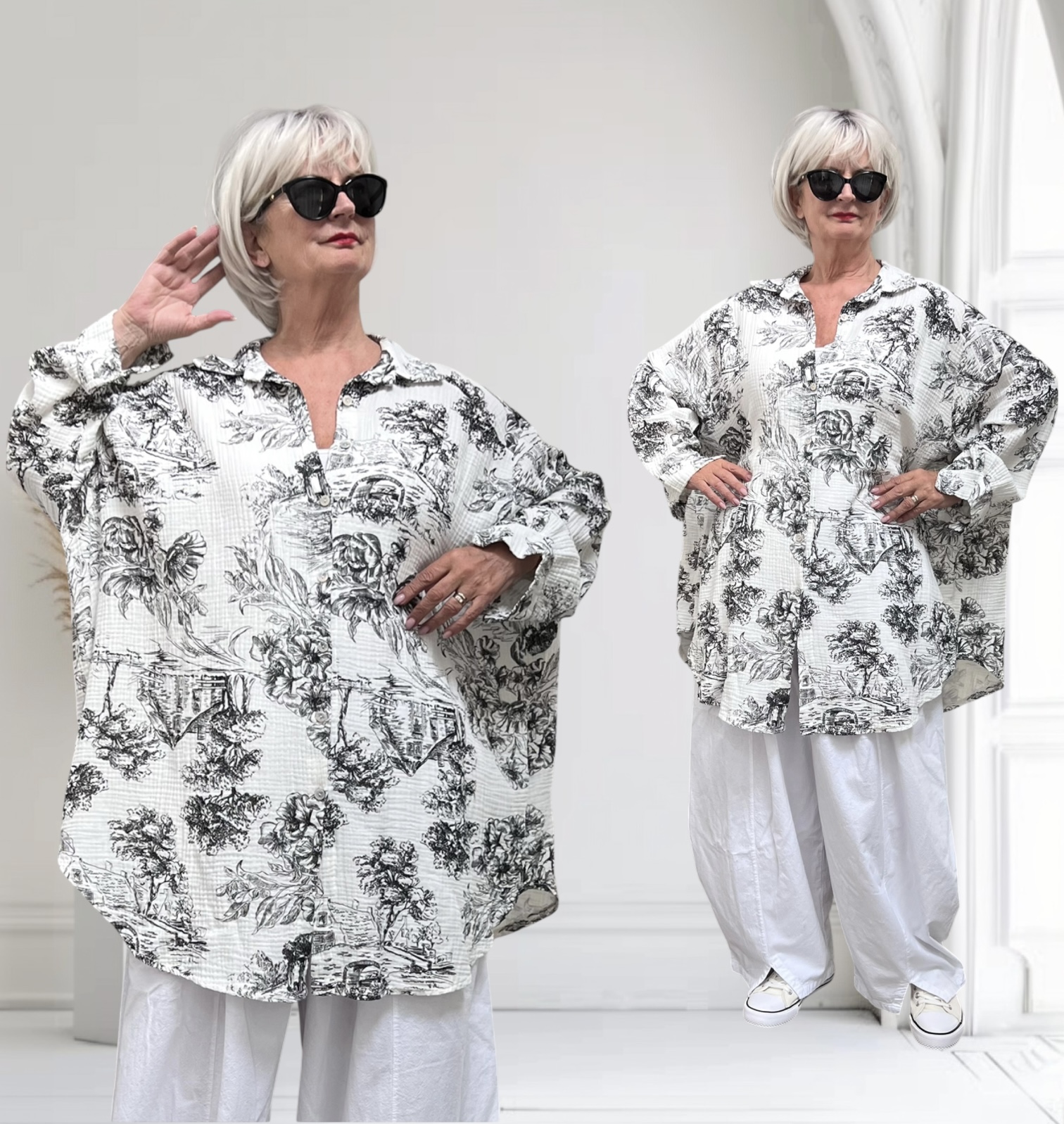 ITALIA oversized mousseline  katoen  A-lijn top/hemd  wit/zwart