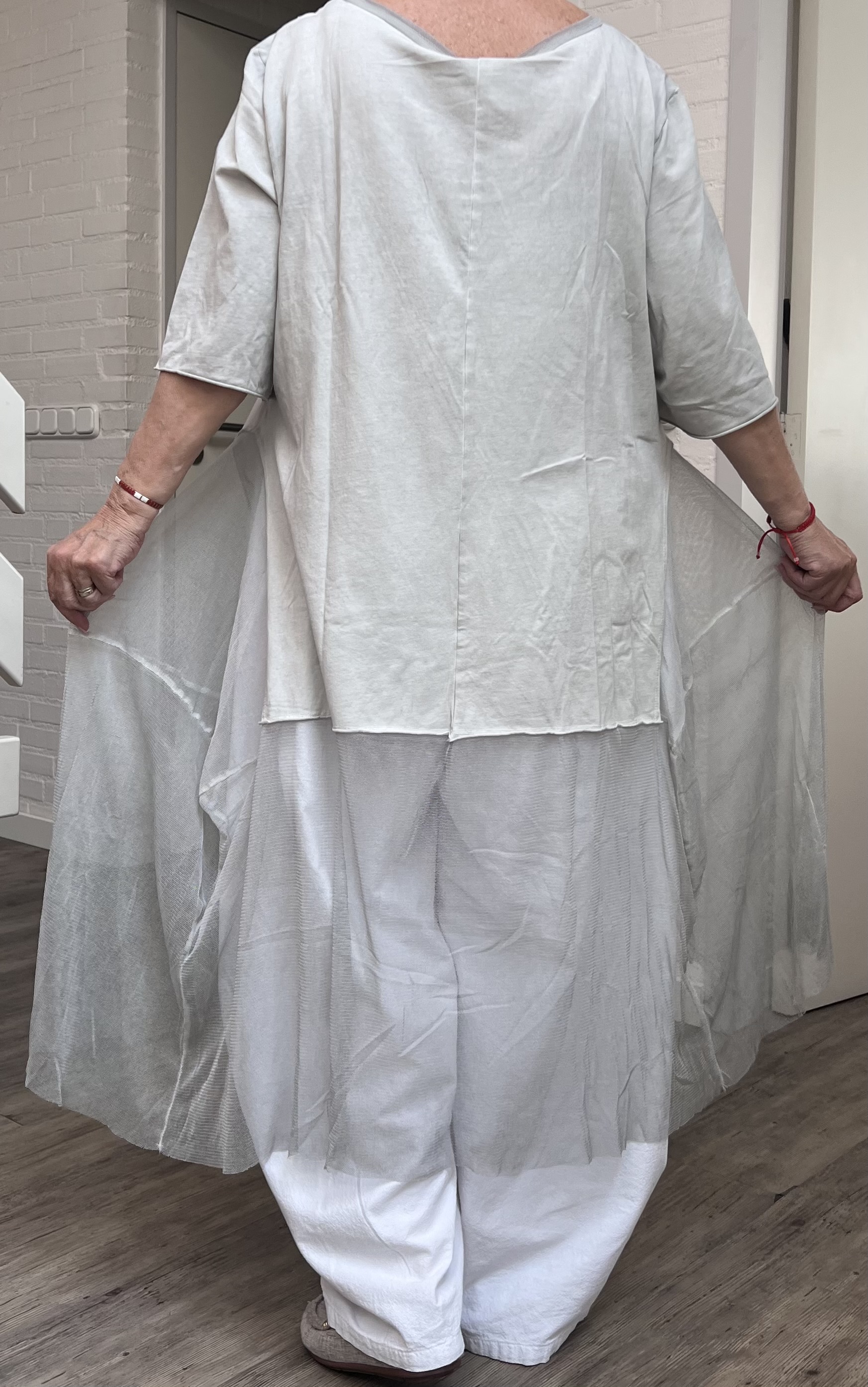 LUUKAA de modieuze kleuring oversized katoen  A-lijn jurk/tuniek met tule/ stretch