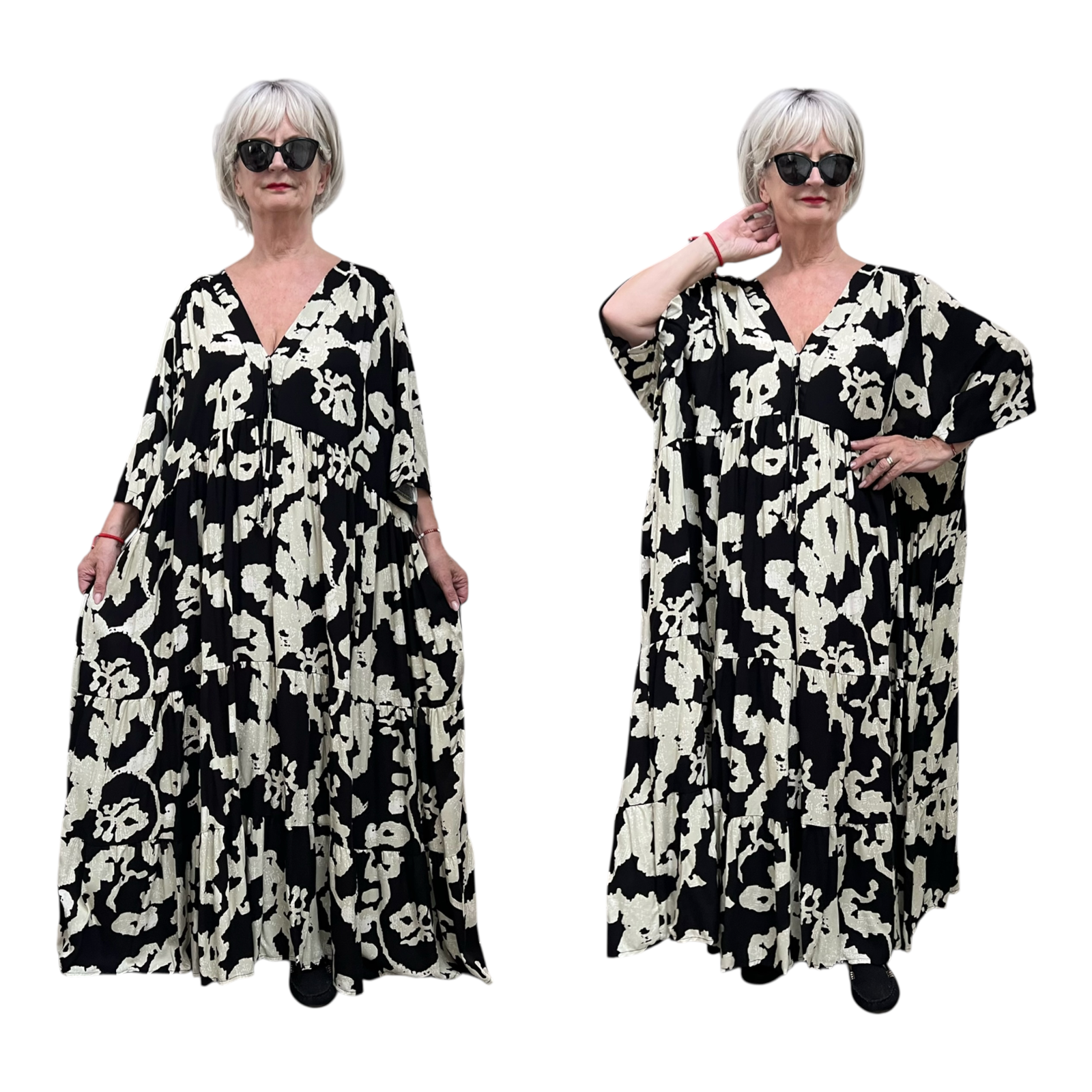 Vincenzo Allocca oversized viscose  BOHO A-lijn jurk apart zwart/ecru