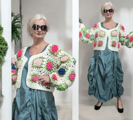 AGE oversized  acryl lotusbloemen patchwork korte vest, handgemaakt