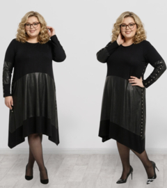 SASHA GRANDE oversized A-lijn jurk met inzet van eco leder/stretch/premium kwaliteite zwart