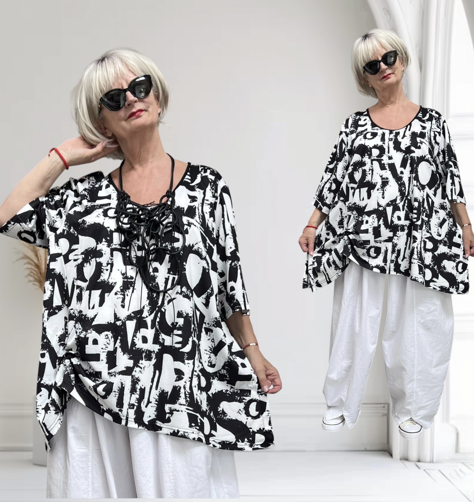 SINNE design.. A- lijn viscose/katoen top/tuniek stretch zwart/wit