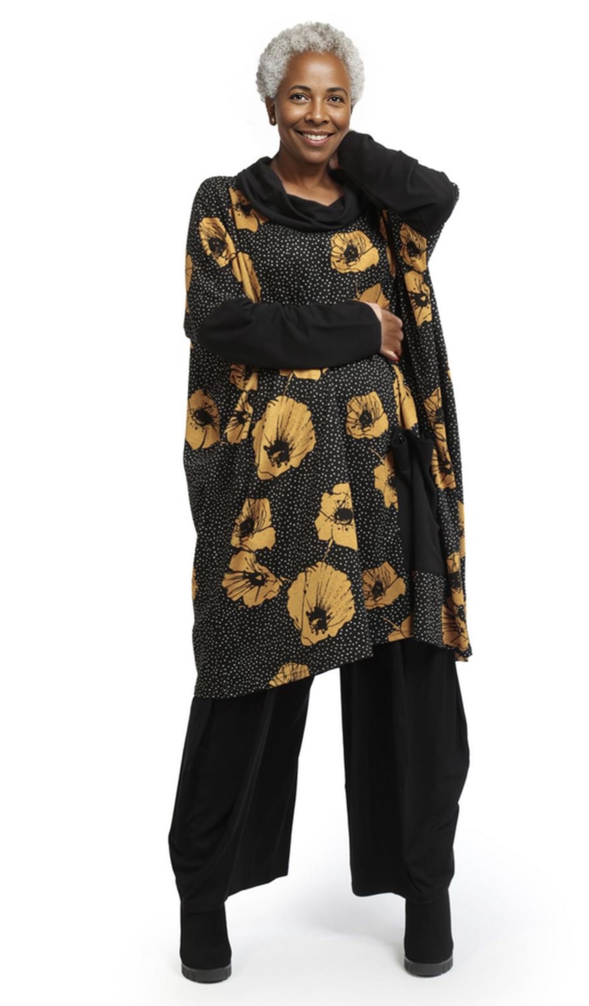 AKH oversized viscose mix tuniek apart stretch zwart/okergeel