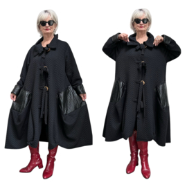 Moonshine viscose  A-lijn jas met inzet van eco leder /zwart , stretch/ gevoerd/apart