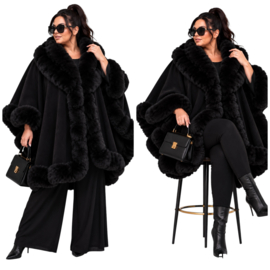 ITALIA MODA gebreid super zacht omslagdoek/poncho met bont/zwart