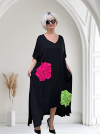 CN-G viscose A-lijn jurk met bloemen applicaties zwart