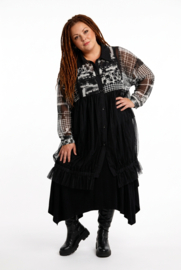 AKH oversized viscose/katoen blouse met inzet van tule apart stretch /zwart/wit