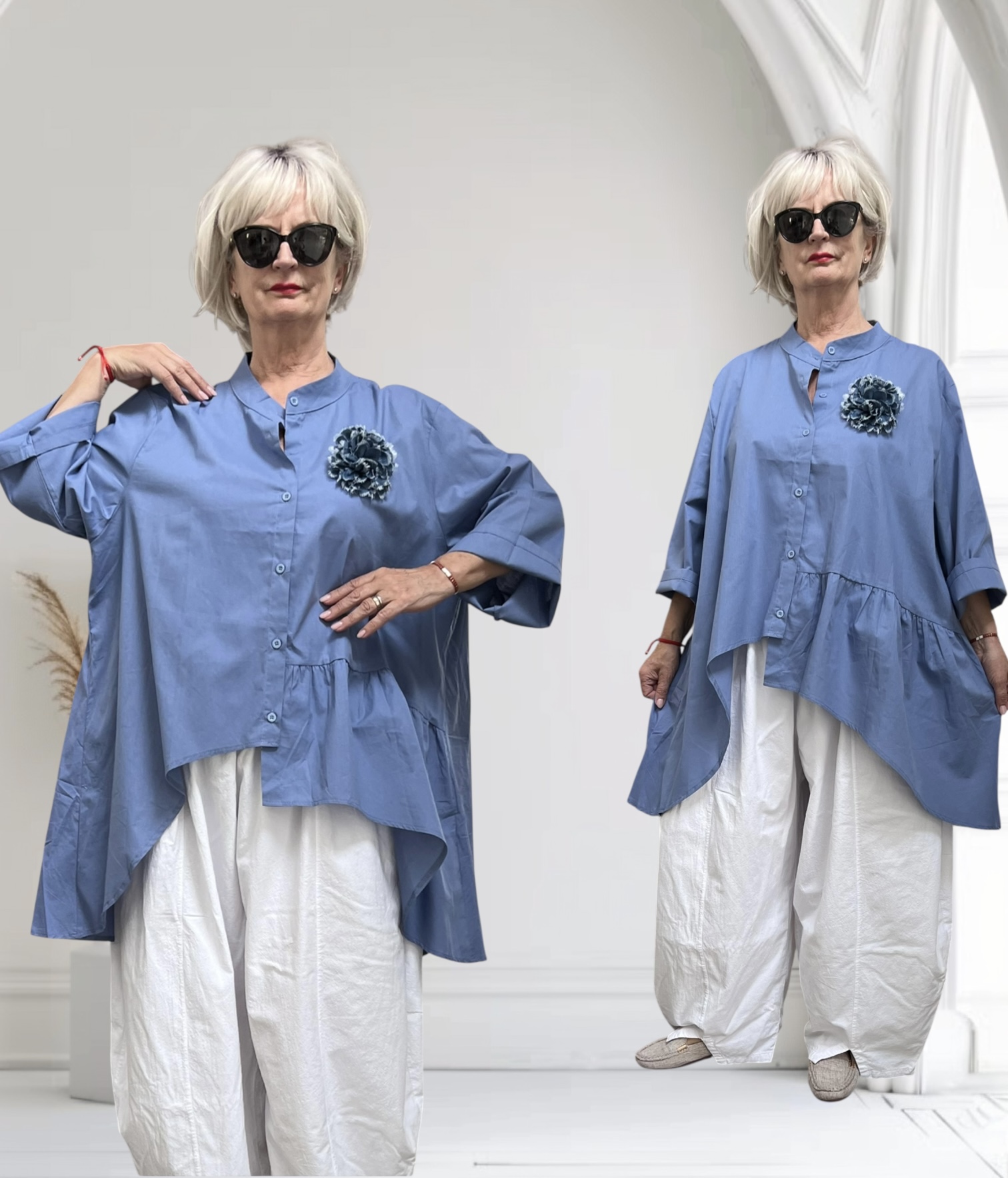 ITALIA oversized katoen blouse met broche stretch