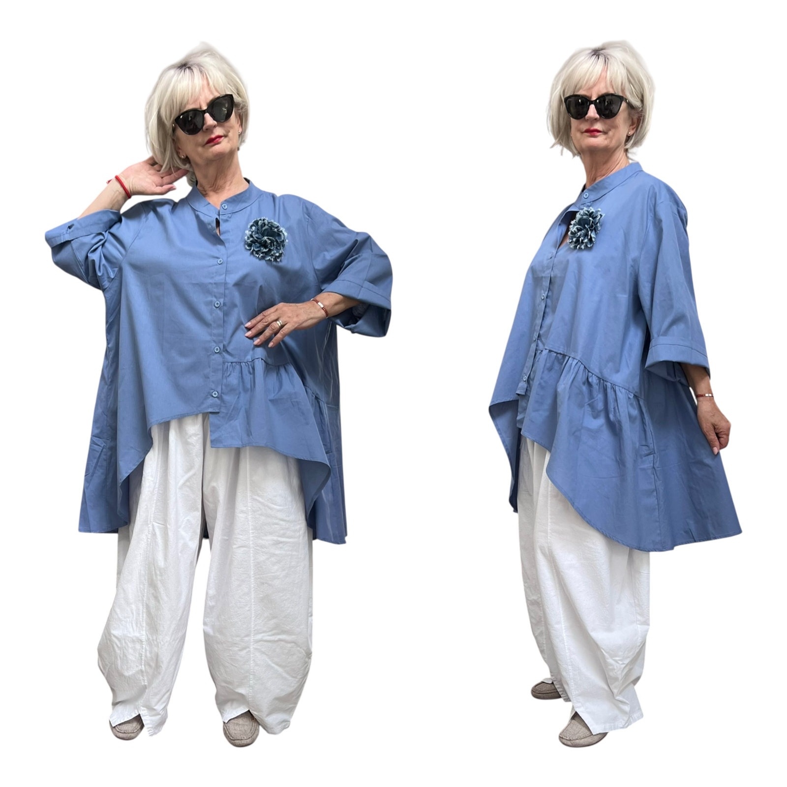 ITALIA oversized katoen blouse met broche stretch