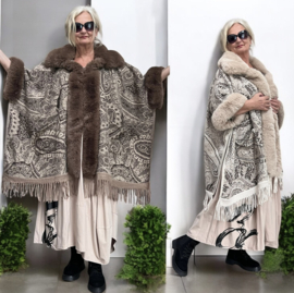 ITALIA viscose gebreid boho poncho met bont/in meerdere kleuren
