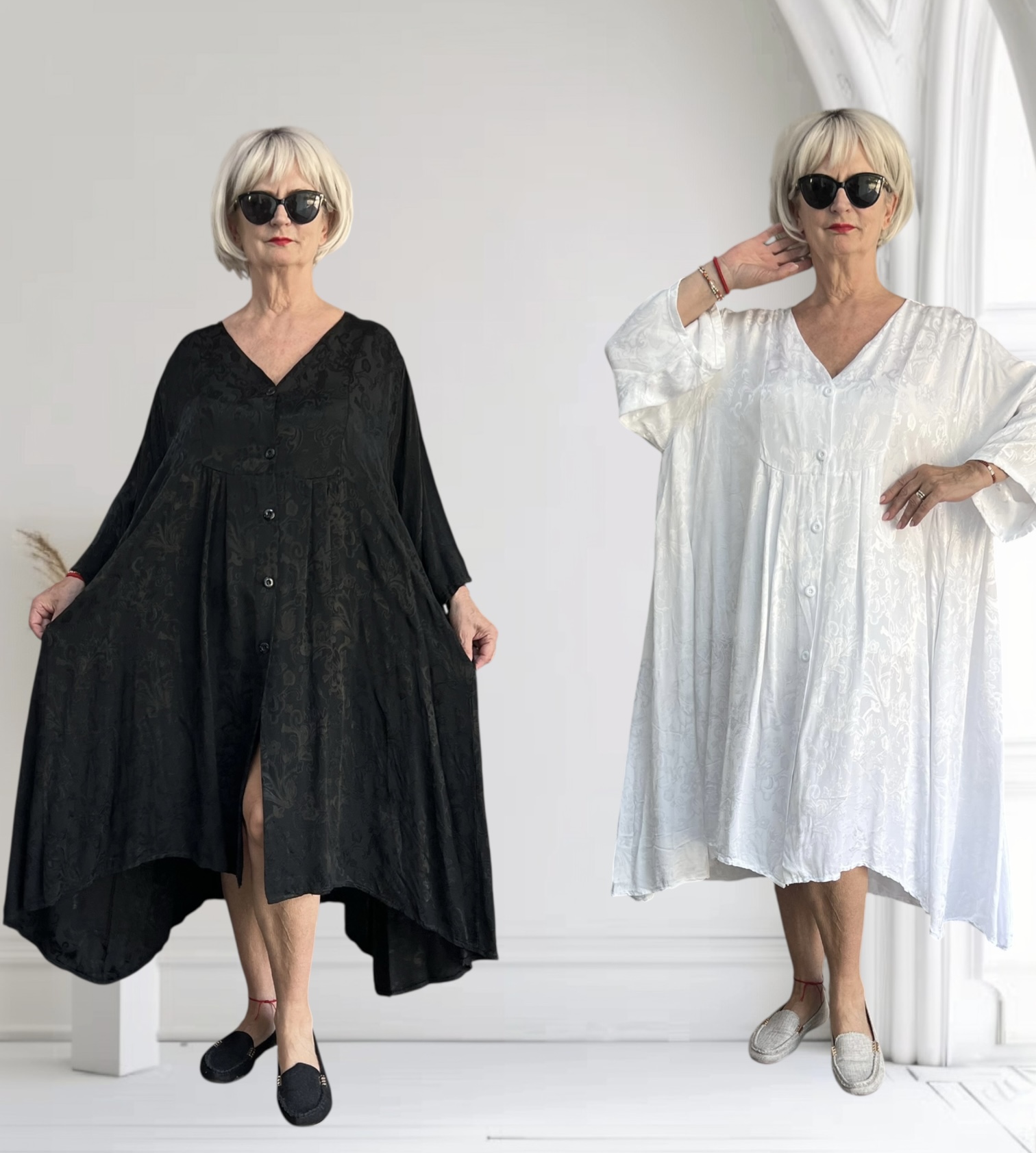 MB Germany satijn/viscose A-lijn jurk/blouse  met zakken/in meerdere kleuren