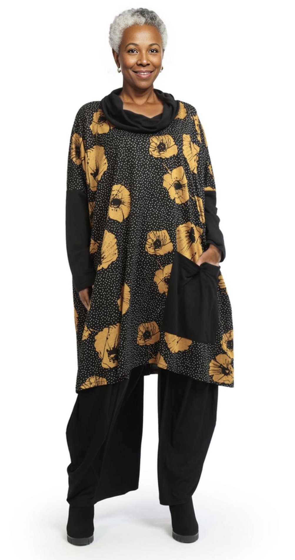 AKH oversized viscose mix tuniek apart stretch zwart/okergeel
