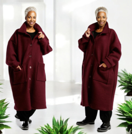 AKH oversized lange wollen winterjas/mantel  gevoerd wijnrood
