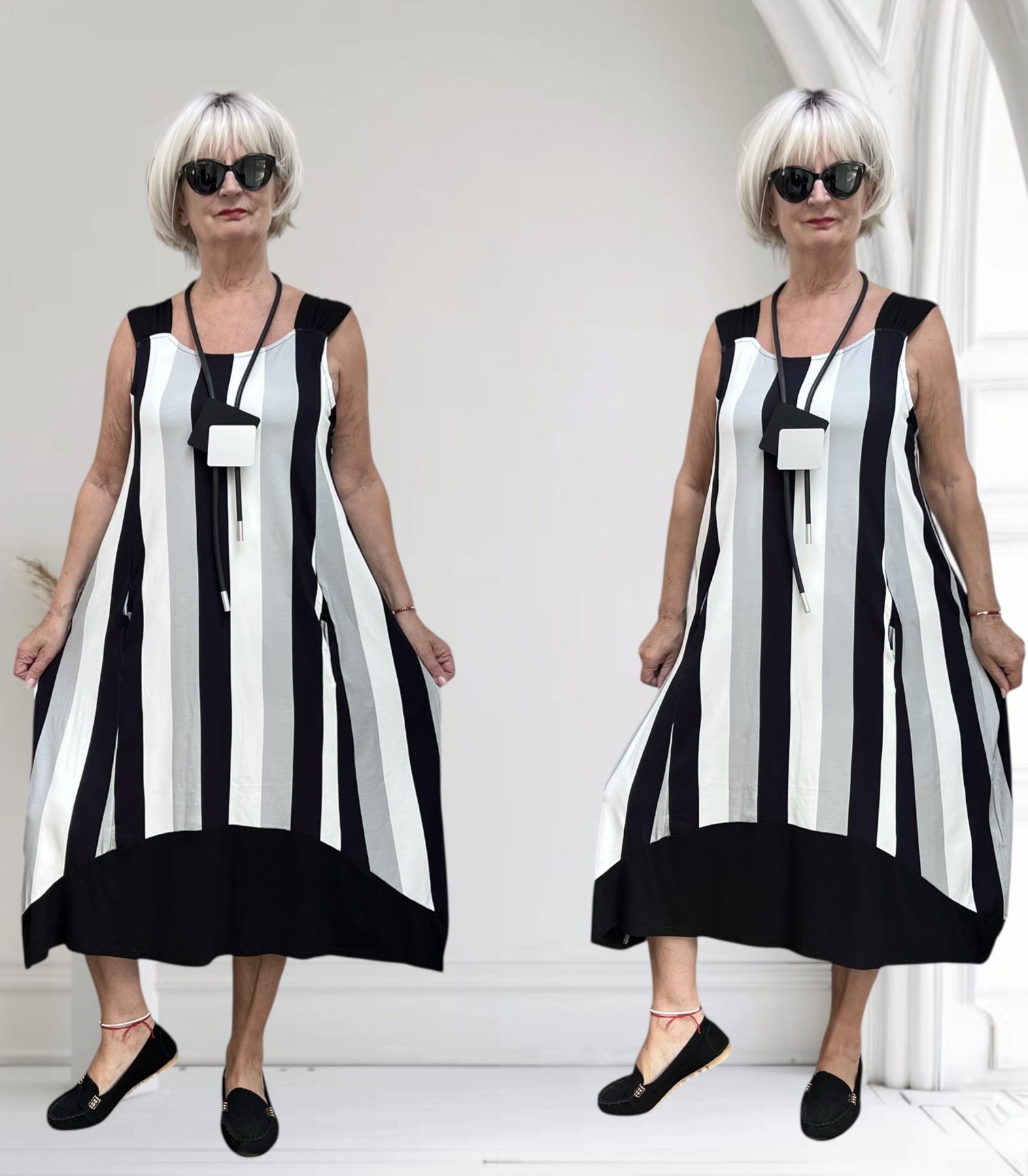 Naveed  oversized viscose jersey A-lijn jurk stretch/ wit/zwart/grijs
