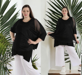 AKH oversized viscose top/tuniek met inzet van tule/apart stretch  zwart