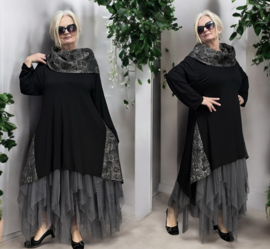 AKH oversized jersey viscose  mix A-lijn tuniek met col zwart apart  stretch