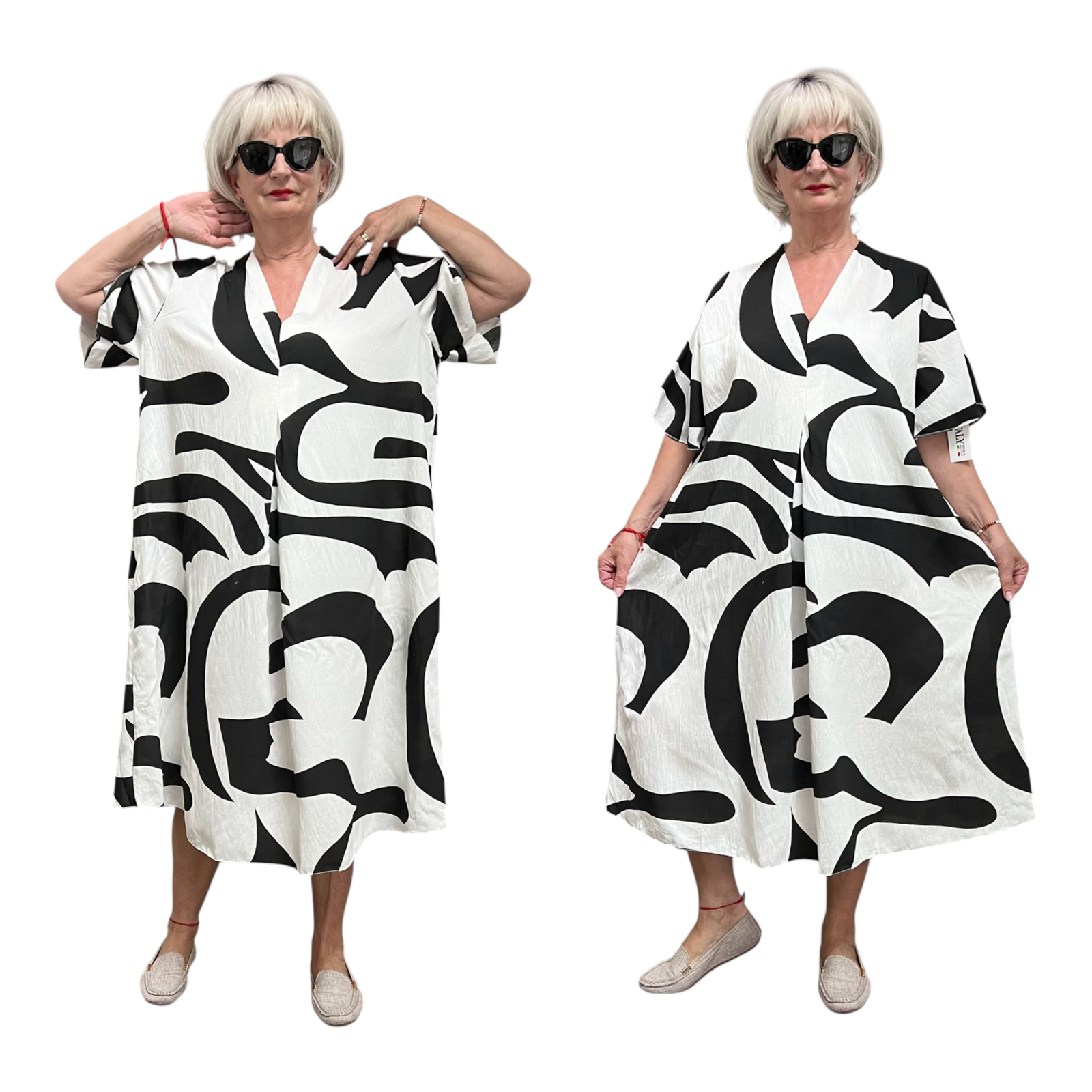 ITALIA MODA oversized visccose zomer jurk apart/ wit/zwart