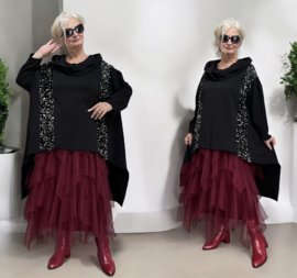 ITALIA MODA oversized katoen tuniek / capuchon/inzet van pailletten zwart /stretch