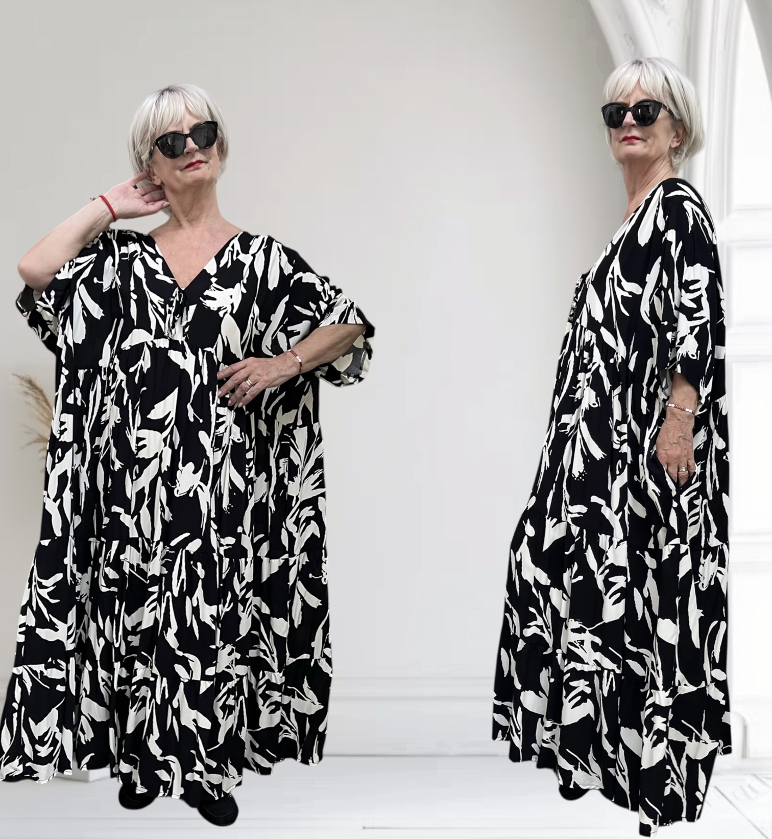 Vincenzo Allocca oversized viscose  BOHO A-lijn jurk apart zwart/wit