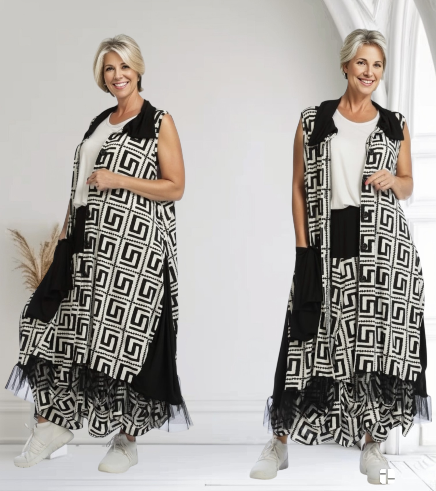 AKH viscose A-lijn jurk apart stretch/zwart/wit